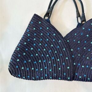 RAFFIA Woven UNIQUE Shape & Colour Navy Sequins Cane Handle EUC 18”W